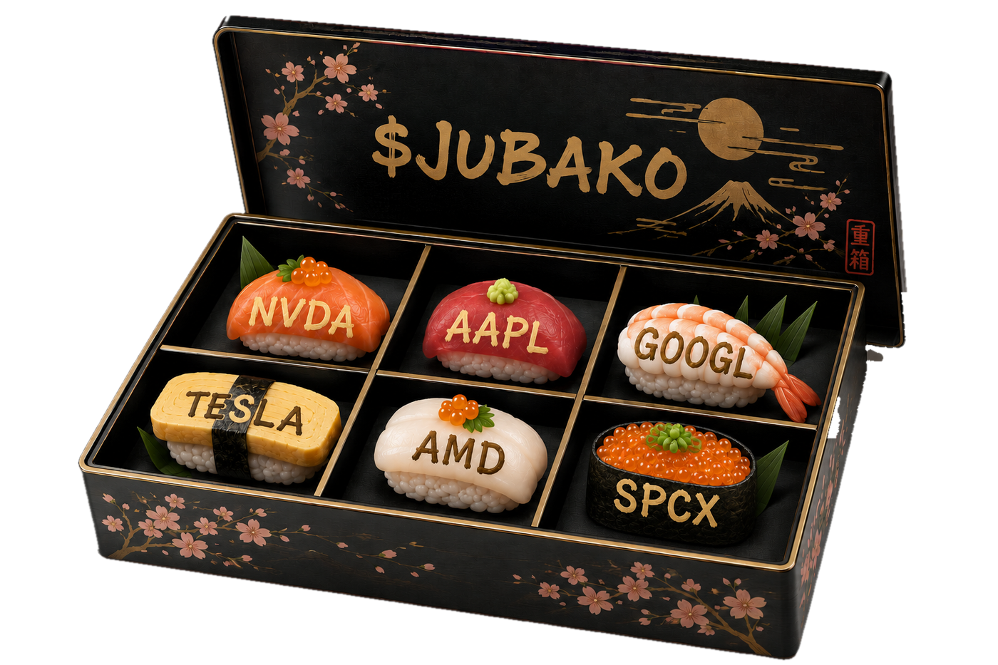 An open $JUBAKO lacquer box holding six ticker-labeled sushi